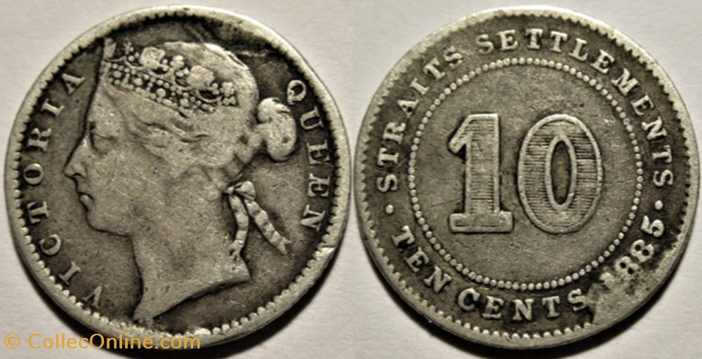 Victoria - 10 Cents 1885 - Error - Straits Settlements, Malaysia (ex.2) monnaies monde malaisie victoria 10 cents 1885 error straits settlements malaysia ex 2