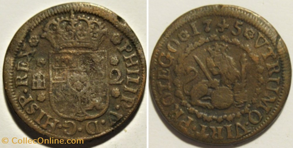 1745 Segovia, 2 Maravedis - Felipe V monnaies europe medievale royaume espagne 1745 segovia 2 maravedis felipe v