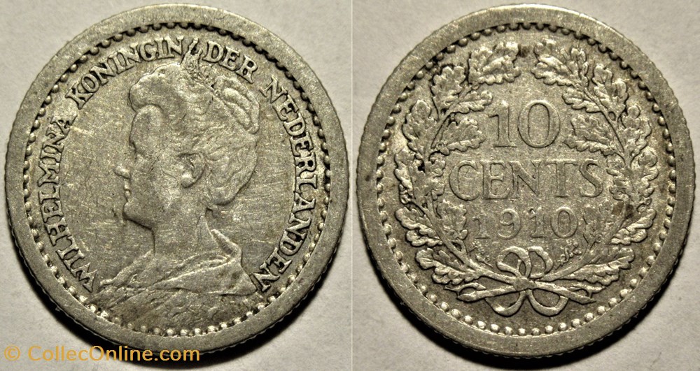 Wilhelmina of Nederland - 10 Cents 1910 monnaies monde pays bas wilhelmina of nederland 10 cents 1910