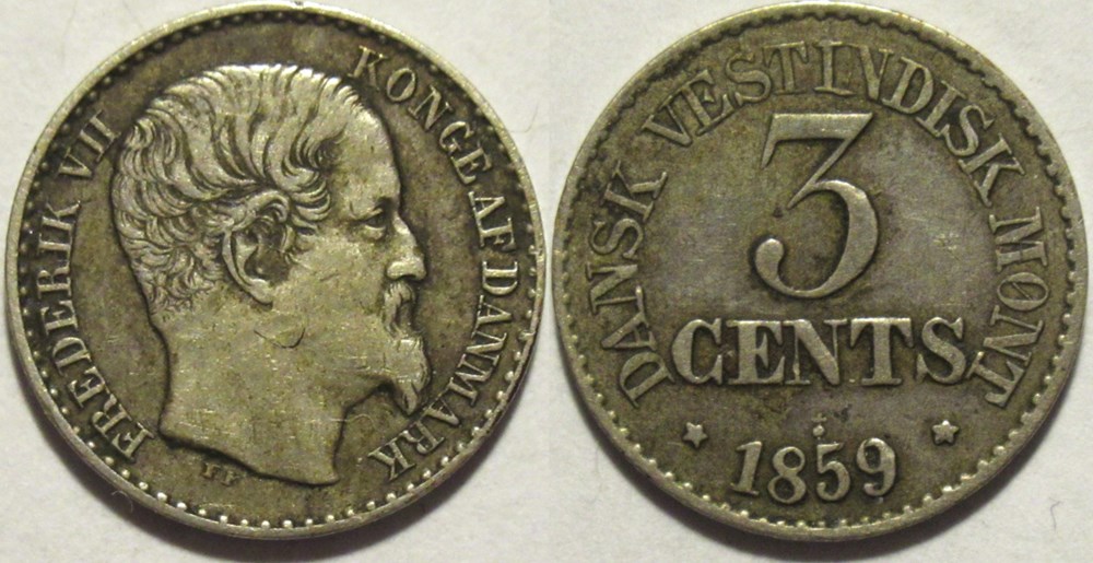 Frederik VII Denmark - 3 Cents 1859, West Indies monnaies colonies danoises frederik vii denmark 3 cents 1859 west indies