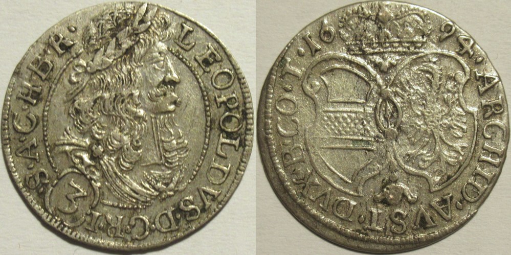 1694 Hall, Tyrol, 3 Kreuzer - Leopold I Holy Roman Emperor monnaies europe medievale archiduche autriche 1694 hall tyrol 3 kreuzer leopold i holy roman emperor