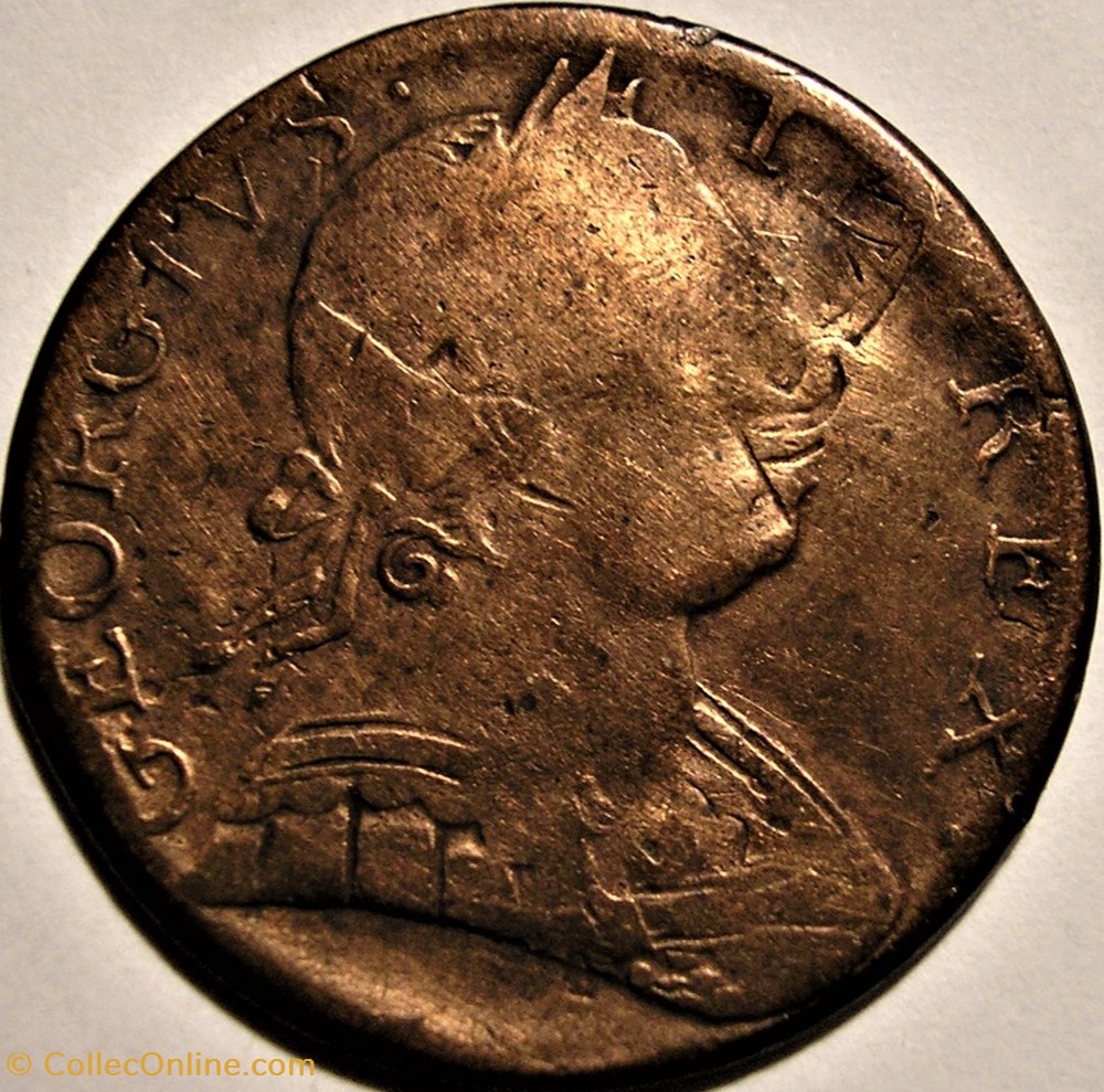1775 Half Penny - Double Struck + pig's snout - No Regal - George III GB (Ex.11) 2 monnaie monde etat uni 1775 half penny double struck pis snout no regal george iii gb ex 11