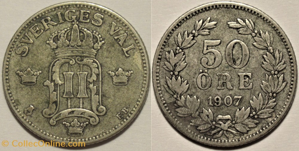 Sweden - Oskar II - 50 Öre 1907 monnaies monde suede sweden oskar ii 50 ore 1907