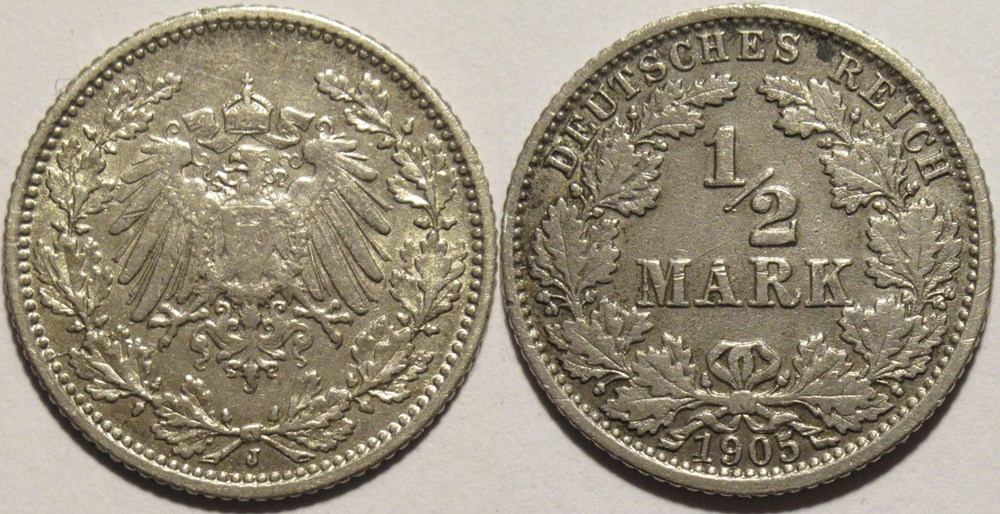 Wilhelm II - 1/2 Mark 1905 Hamburg, German Empire monnaies monde allemagne wilhelm ii 1 2 mark 1905 hamburg german empire