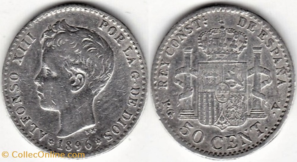 1896 - 50 Centimos - Alfonso XIII de España monnaies monde espagne 1896 50 centimos alfonso xiii de espana