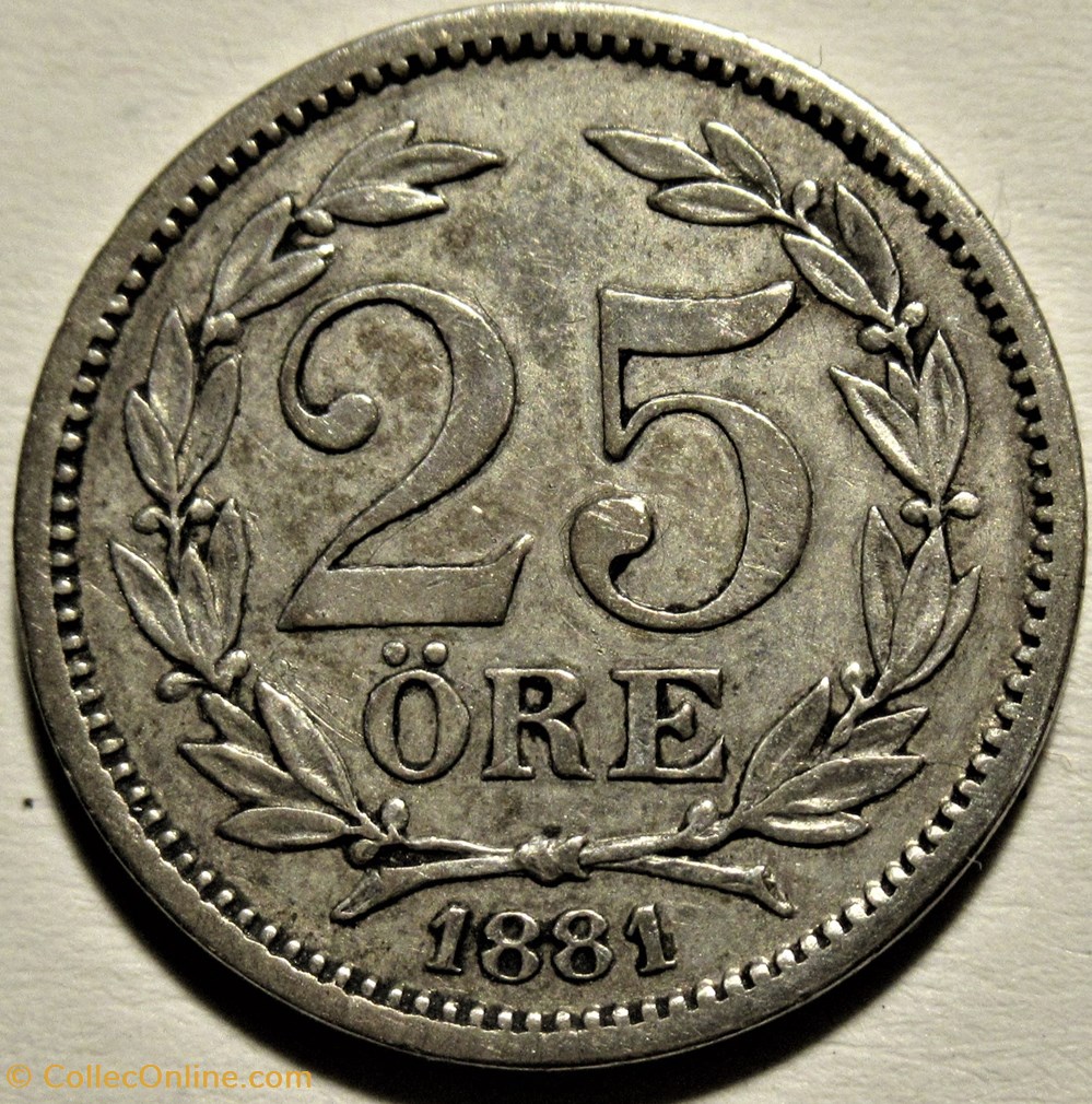 Sweden - Oskar II - 25 Öre 1881 3 monnaies monde suede sweden oskar ii 25 ore 1881