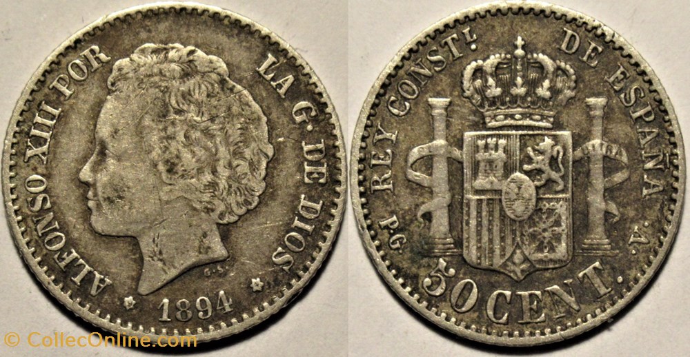 1894 - 50 Centimos - Alfonso XIII de España monnaies monde espagne 1894 50 centimos alfonso xiii de espana