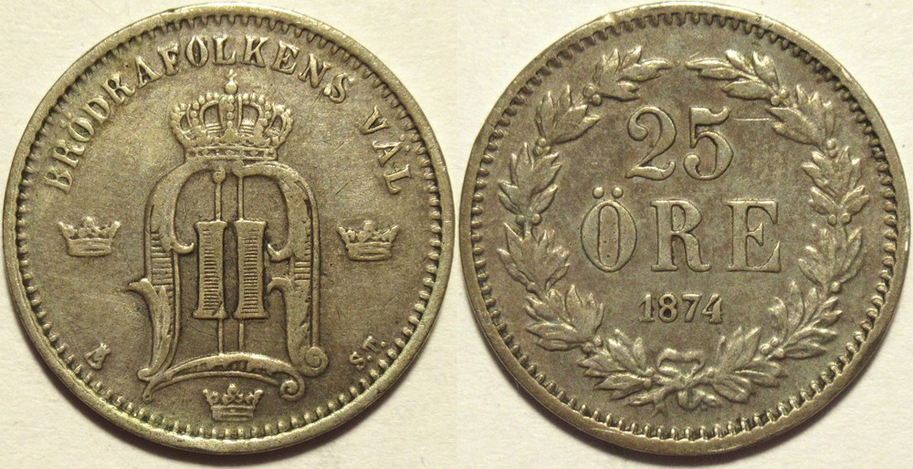 monnaies monde suede sweden oskar ii 25 ore 1874