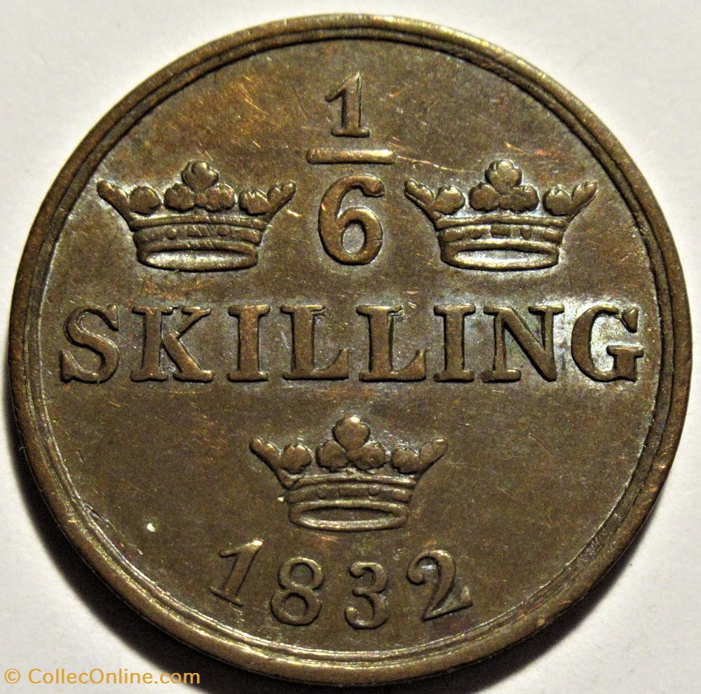 Sweden - Karl XIV Johan - 1/6 Skilling 1832 3 monnaies monde suede sweden karl xiv johan 1 6 skilling 1832