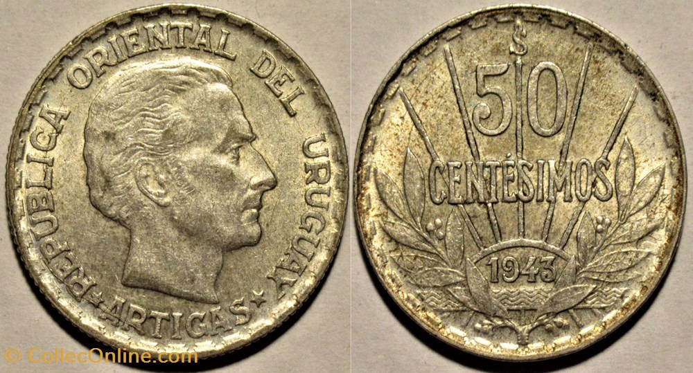 Uruguay - 50 Centésimos 1943 - José Artigas (ex.2) monnaies monde uruguay 50 centesimos 1943 jose artigas ex 2