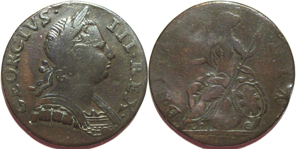 1773 Half Penny No Regal - George III of Great Britain (ex.5) monnaies monde royaume uni 1773 half penny no regal george iii of great britain ex 5