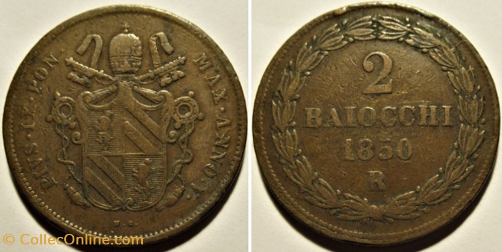 Pio IX, Pope - 2 Baiocchi 1850, Anno V - Papal States monnaies monde vatican pio ix pope 2 baiocchi 1850 anno v papal states