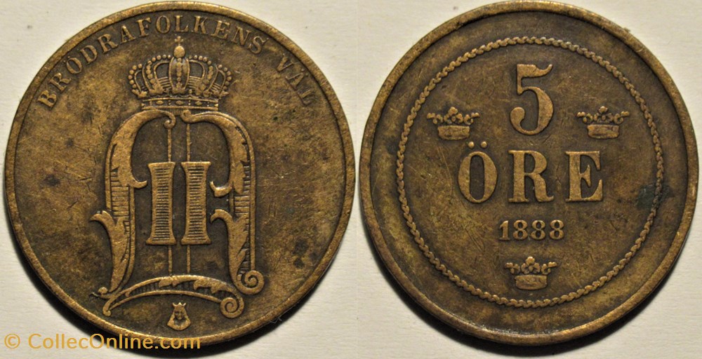 Sweden - Oskar II - 5 Öre 1888 monnaies monde suede sweden oskar ii 5 ore 1888