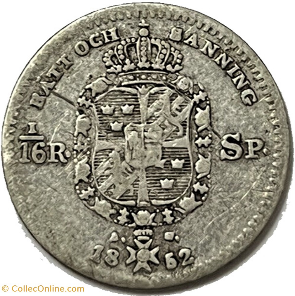 Sweden - Oscar I - 1/16 Riksdaler Specie 1852 monnaies monde suede sweden oscar i 1 16 riksdaler specie 1852