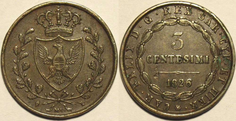 1826 Royaume de Sardaigne - 3 Centesimi Torino - Carlo Felice monnaies monde italie 1826 royaume de sardaigne 3 centesimi torino carlo felice