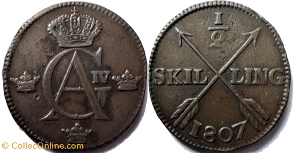 Sweden - Gustav IV Adolf - 1/2 Skilling 1807 (ex.2) monnaies monde suede sweden gustav iv adolf 1 2 skilling 1807 ex 2