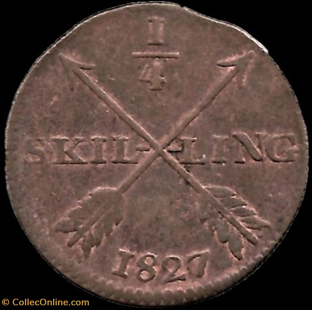 Sweden - Carl XIV Johan - ¼ Skilling 1827 monnaies monde suede sweden carl xiv johan skilling 1827