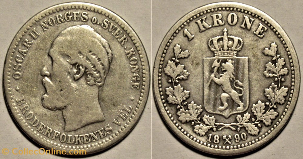 Oskar II - 1 Krone 1890 Norway monnaies monde norvege oskar ii 1 krone 1890 norway