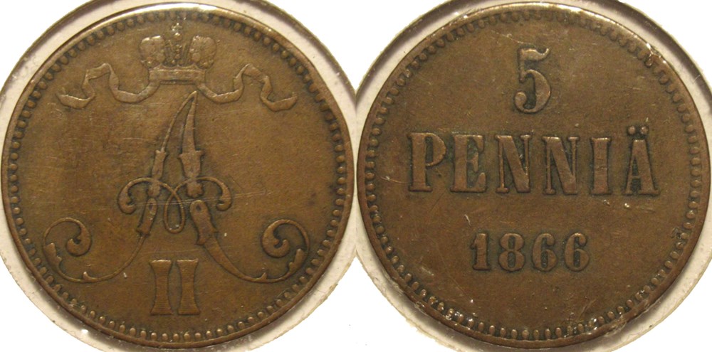 monnaies monde finlande alexander ii of russia 5 pennia 1866 grand duchy of finland 2ex