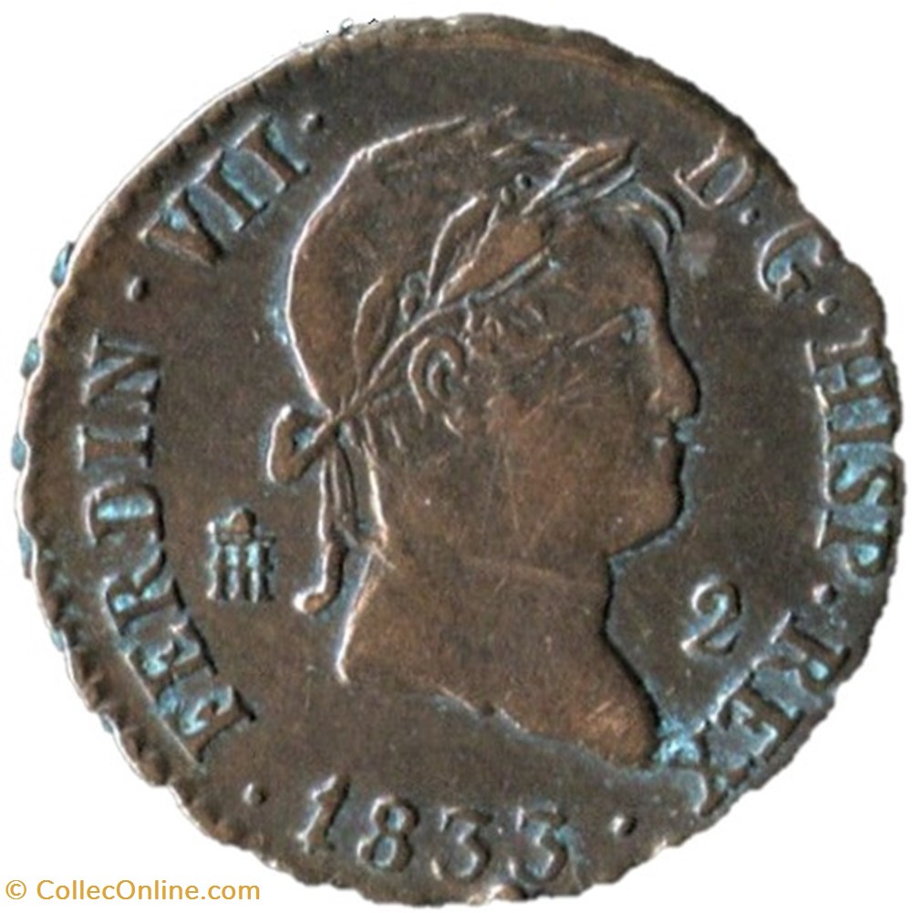 1833 Segovia 2 Maravedis - Fernando VII de España 2 monnaies monde espagne 1833 segovia 2 maravedis fernando vii de espana