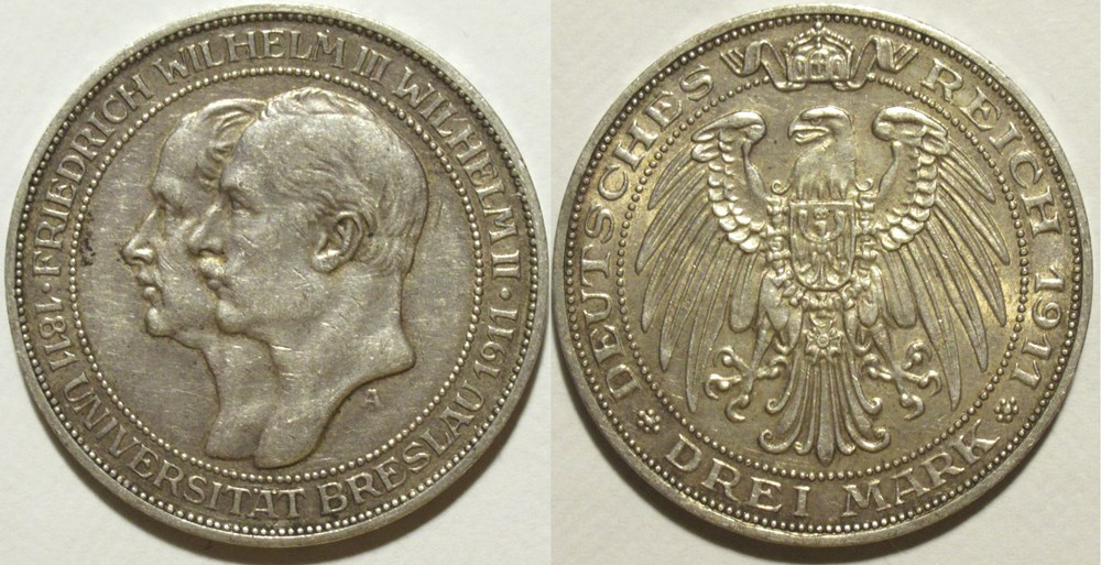 Wilhelm II - 3 Mark 1911, Wroclaw University monnaies monde allemagne wilhelm ii 3 mark 1911 wroclaw university