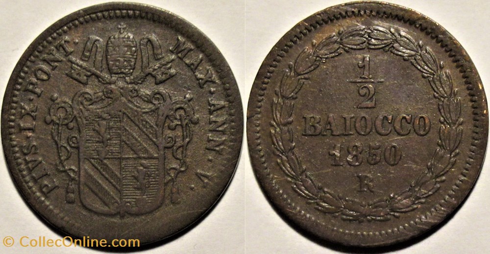 Pio IX, Pope - 1/2 Baiocco 1850, Anno V - Papal States monnaies monde vatican pio ix pope 1 2 baiocco 1850 anno v papal states