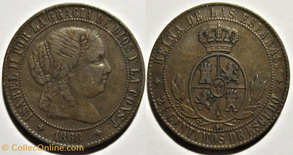 monnaies monde espagne 1868 jubia 2 1 2 centimos isabel ii espana