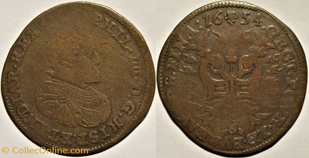 1654 Token of Brabant, Spanish Netherlands - Philip IV of Spain (2 ex.) monnaies europe medievale pays bas espagnols 1654 token of brabant spanish netherlands philip iv of spain 2 ex