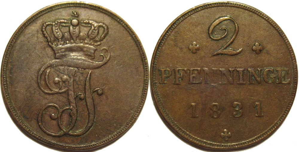 Friedrich Franz I - 2 Pfennige 1831- Grand Duchy of Mecklenburg-Strelitz monnaies monde allemagne friedrich franz i 2 pfennige 1831 grand duchy of mecklenburg strelitz