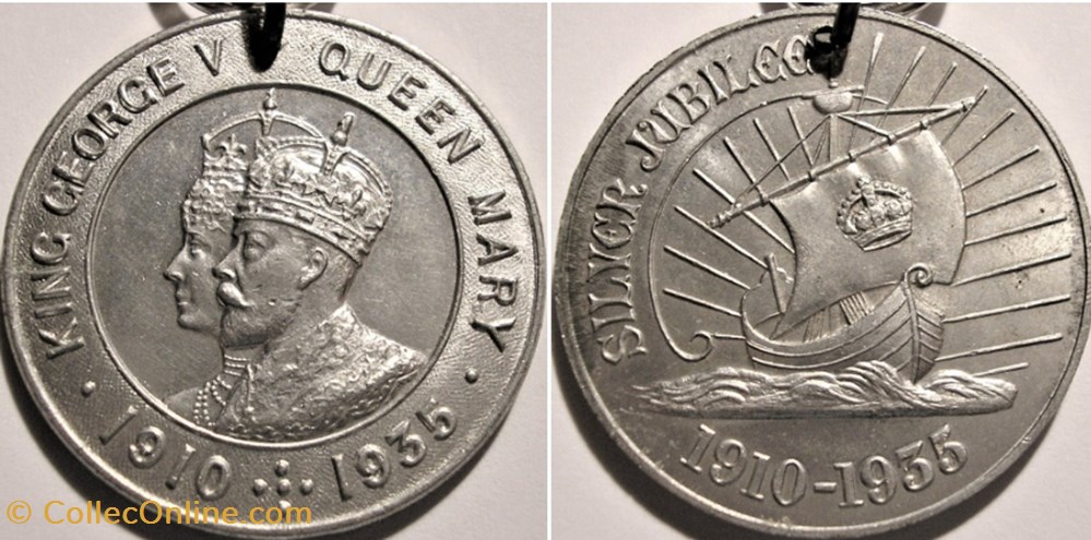 George V & Mary - 1935 Silver Jubilee Medal, Ship - UK medaille royaume uni george v mary 1935 silver jubilee medal ship uk