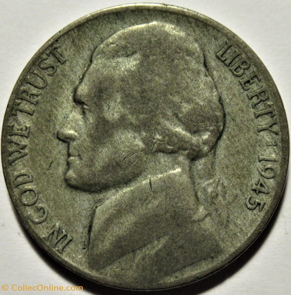 1945 Five Cents S. Francisco ("Jefferson Wartime Nickel") - Error 2 monnaies monde etats unis 1945 five cents s francisco jefferson wartime nickel error