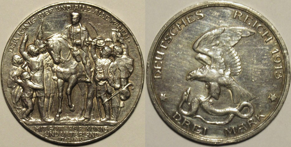 Wilhelm II - 3 Mark 1913 Berlin - Centenary of the war vs Napoleon Ist monnaies monde allemagne wilhelm ii 3 mark 1913 berlin centenary of the war vs napoleon ist