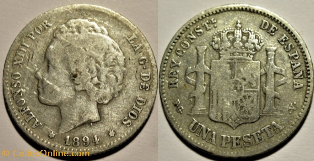 1894 - Peseta - Alfonso XIII de España (ex.2) monnaies monde espagne 1894 peseta alfonso xiii de espana ex 2