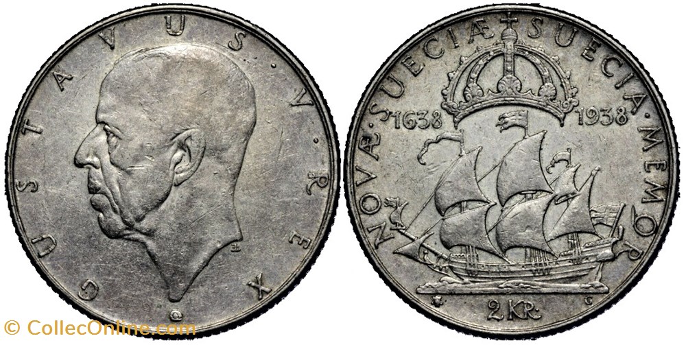 monnaies monde suede gustaf v of sweden 2 kronor 1638 1938 settlement of new sweden