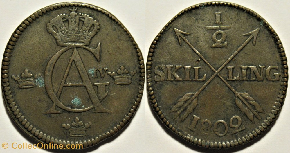 Sweden - Gustav IV Adolf - 1/2 Skilling 1802 monnaies monde suede sweden gustav iv adolf 1 2 skilling 1802