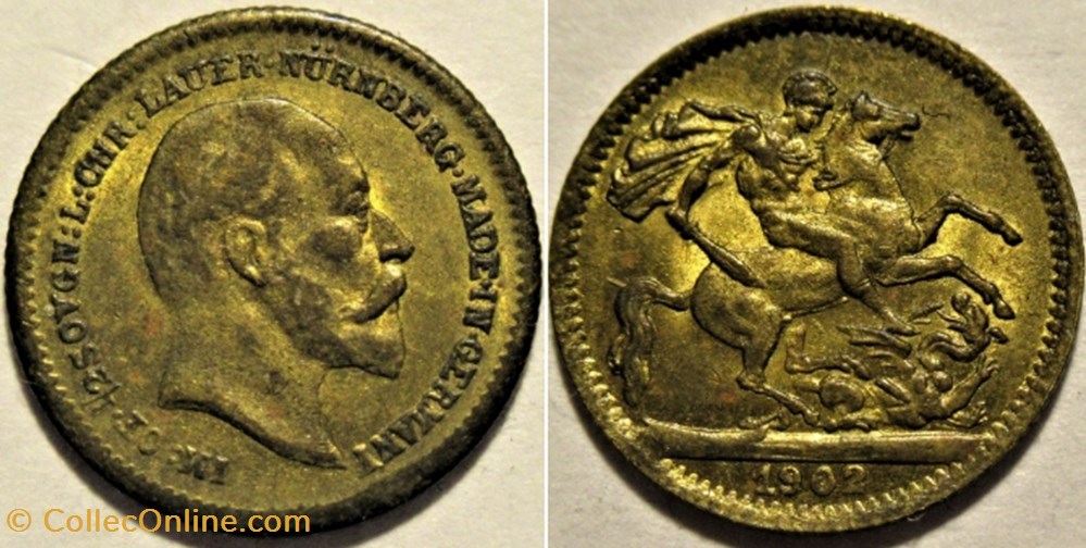 Edward VII - Imitation Half Sovereign, Nürnberg Token 1902 - United Kingdom monnaies paranumismatique jetons poids edward vii imitation half sovereign nurnberg token 1902 united kingdom