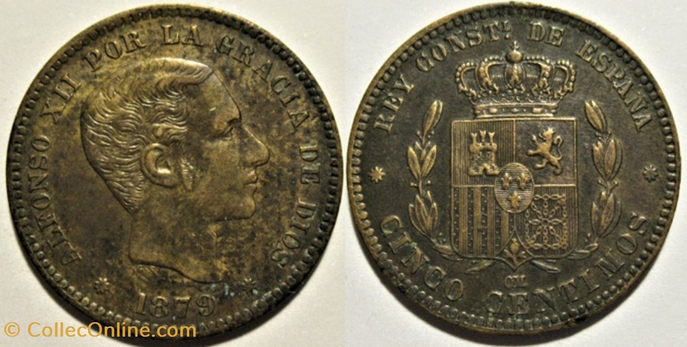 1879 - Barcelona, 5 Centimos - Alfonso XII de España (ex.2) monnaies monde espagne 1879 barcelona 5 centimos alfonso xii de espana ex 2