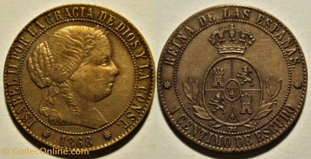 1868 Barcelona - 1 Centimo - Isabel II España monnaies monde espagne 1868 barcelona 1 centimo isabel ii espana