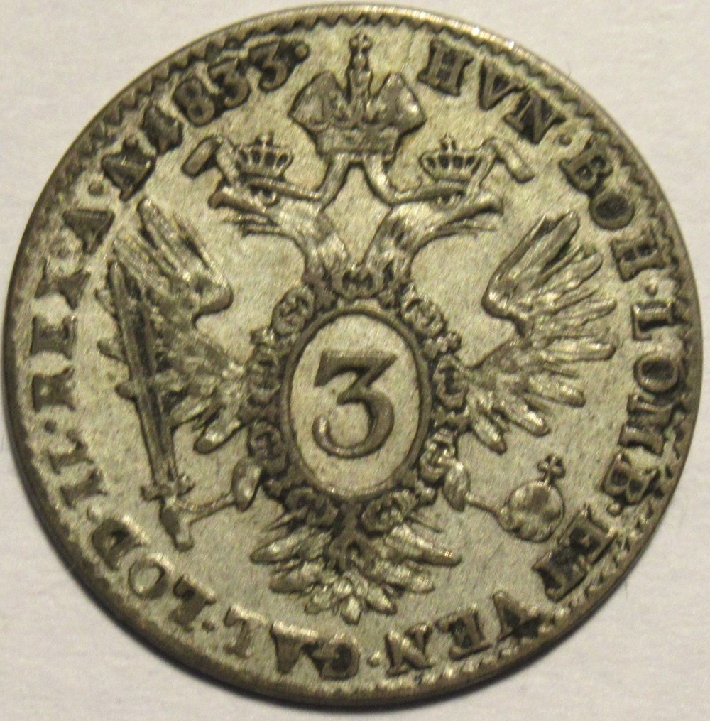 1833 Wien 3 Kreuzer - Franz I of Austria monnaies monde autriche 1833 wien 3 kreuzer franz i of austria