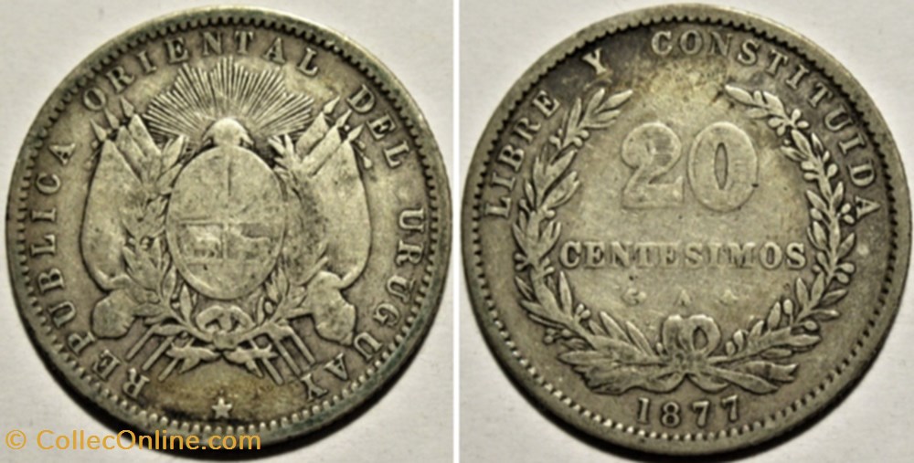 Uruguay - 20 Centesimos 1877 A (ex.2) monnaies monde uruguay 20 centesimos 1877 a ex 2