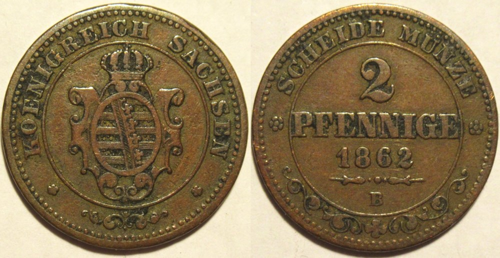 Johann I - 2 Pfennige 1864 & 1862 Dresden, Kingdom of Saxony (2) monnaies europe medievale saint empire romain germanique johann i 2 pfennige 1864 1862 dresden kingdom of saxony 2