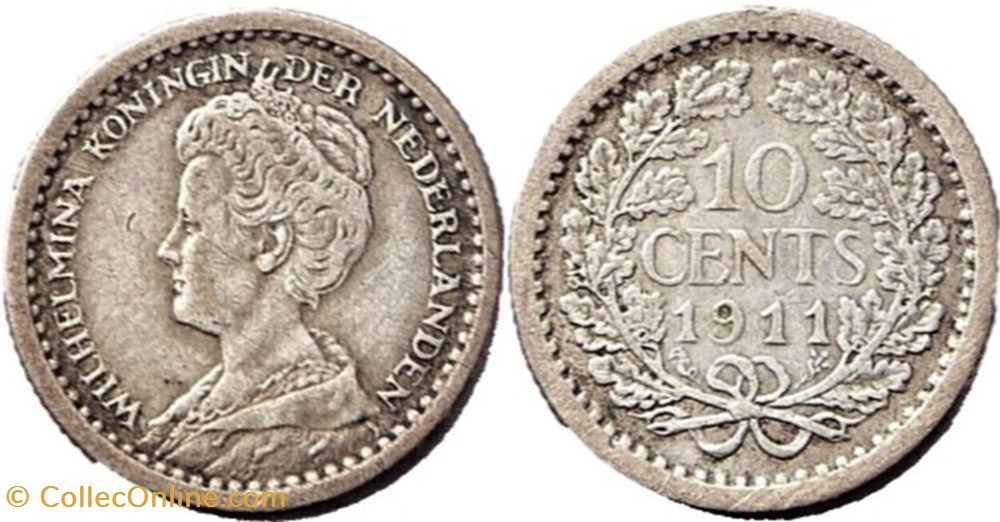 Wilhelmina of Nederland - 10 Cents 1911 monnaies monde pays bas wilhelmina of nederland 10 cents 1911