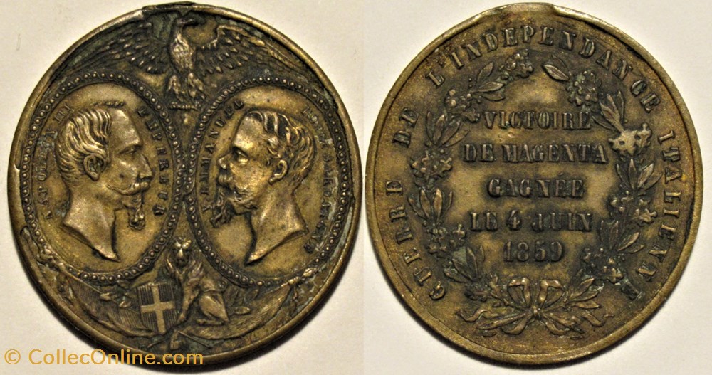 Napoléon III & V. Emanuele II - Victoire de Magenta, Médaillette 1859 medailles france second empire napoleon iii v emanuele ii victoire de magenta medaillette 1859