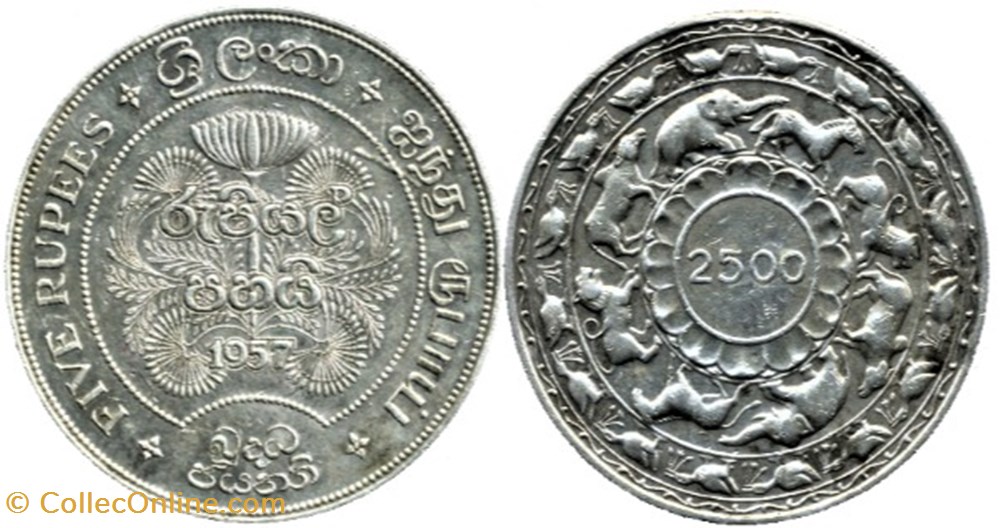 monnaies monde sri lanka ceylon 5 rupees 2500 years of buddhism 1957