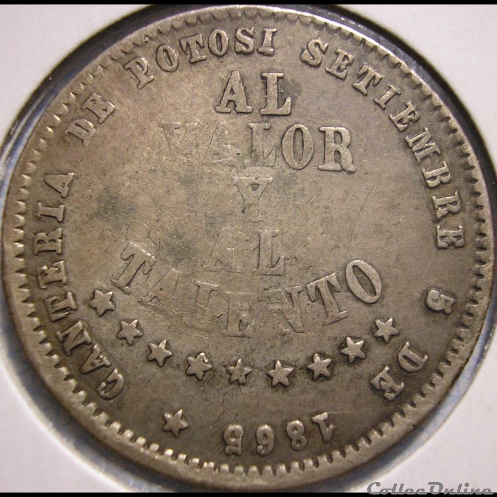 1865 Melgarejo 1/2 - Canteria de Potosi - M. Melgarejo Pdt 2 monnaies monde bolivie 1865 melgarejo 1 2 canteria de potosi m melgarejo pdt