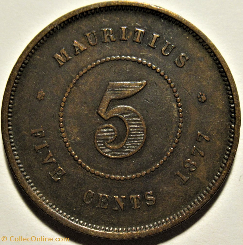 Victoria - Five Cents 1877 Heaton - Mauritius Island 3 monnaies monde maurice victoria five cents 1877 heaton mauritius island