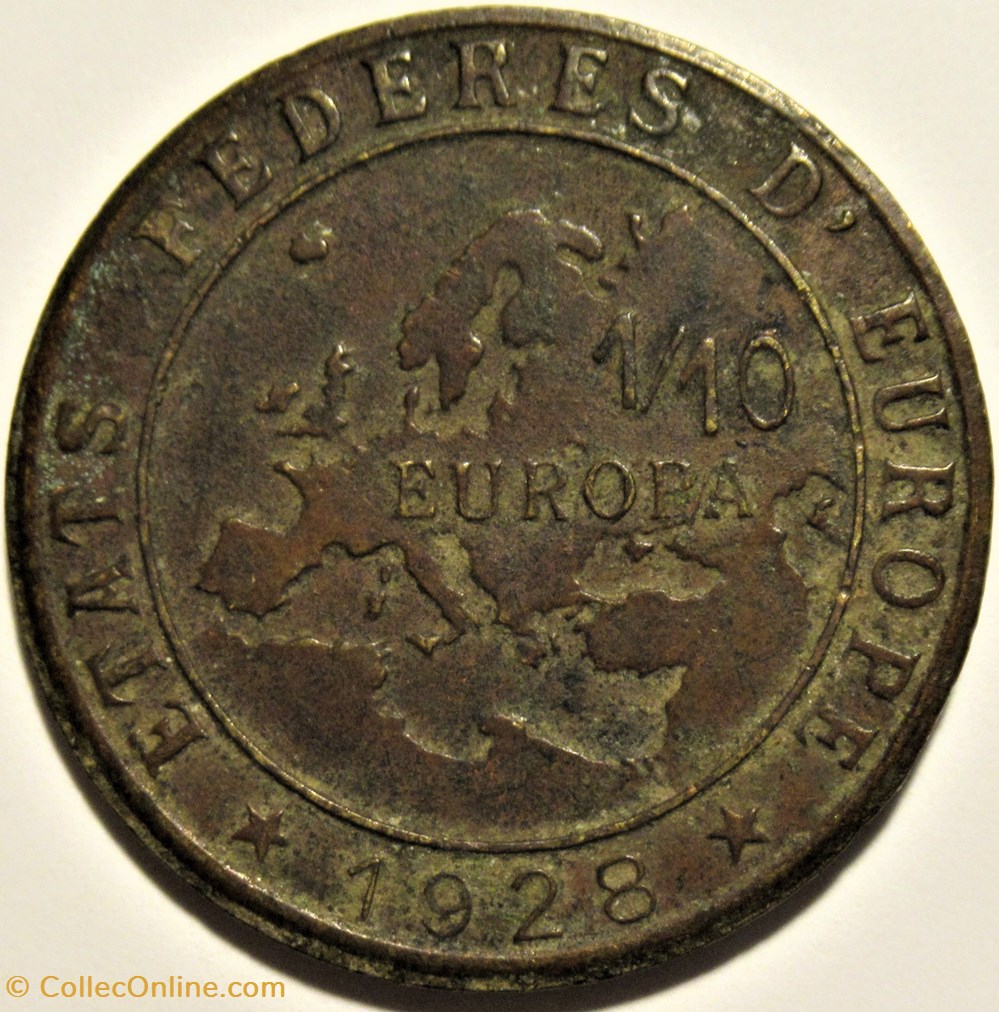 États Fédérés d'Europe - 1/10 d'Europa 1928 - L. Pasteur (ex.2) 3 monnaies jetons mereaux etats federes europe 1 10 europa 1928 l pasteur ex 2
