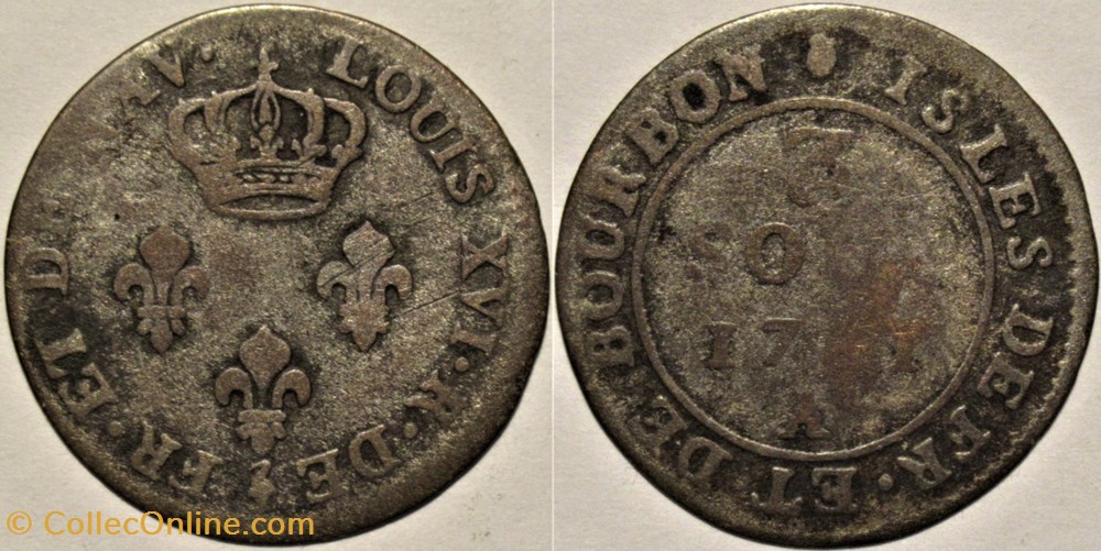 Louis XVI - 3 Sous 1781, Isles de France et de Bourbon monnaies colonies francaises louis xvi 3 sous 1781 isles de france et de bourbon