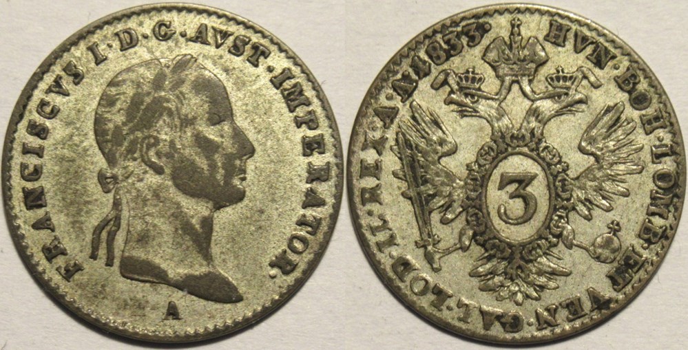 1833 Wien 3 Kreuzer - Franz I of Austria monnaies monde autriche 1833 wien 3 kreuzer franz i of austria