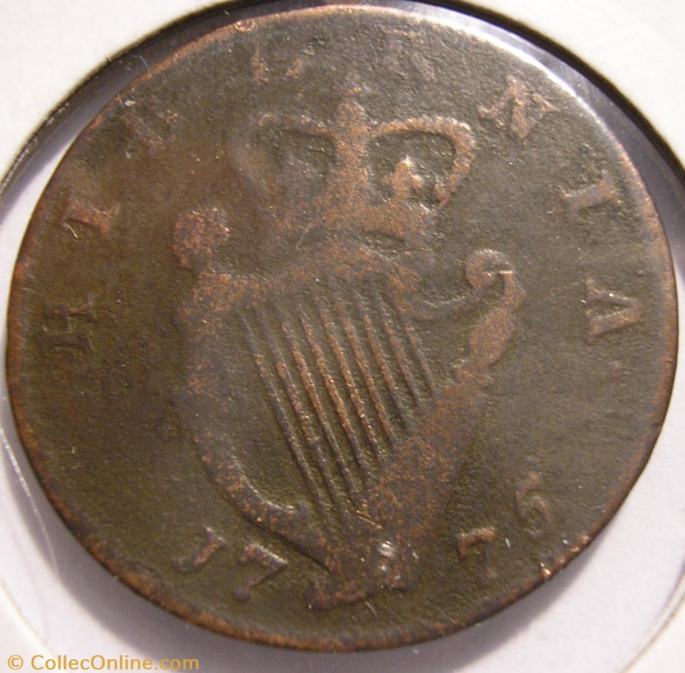 1775 Half Penny Hibernia - George III of Great Britain (ex.2) monnaie monde irlande 1775 half penny hibernia george iii of great britain ex 2